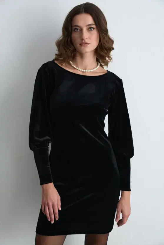 Draped Back Mini Velvet Dress - Black - Gusto
