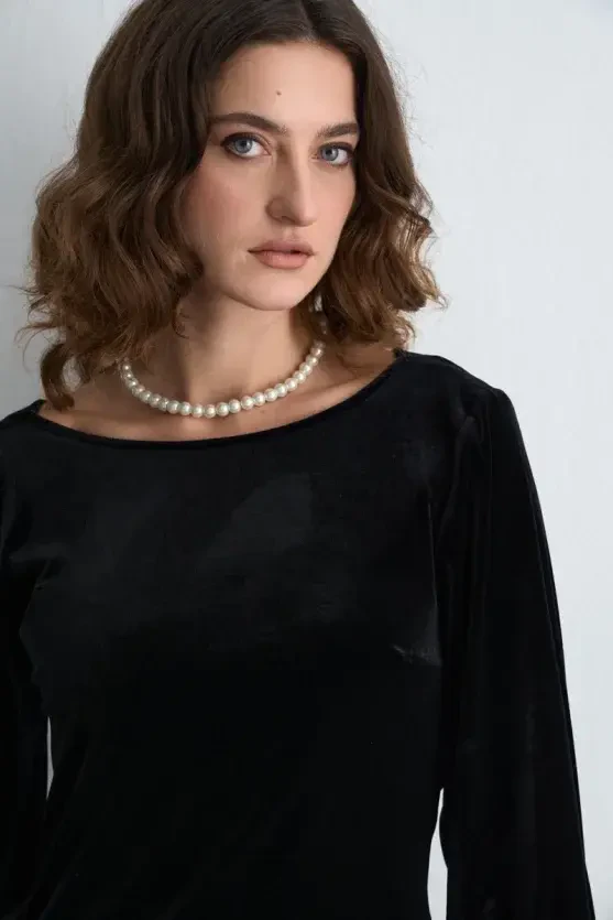 Draped Back Mini Velvet Dress - Black - 3