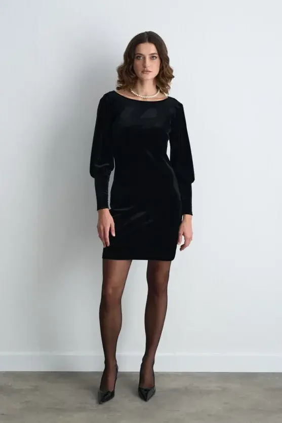 Draped Back Mini Velvet Dress - Black - Gusto