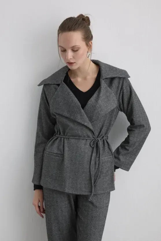 Herringbone Jacket with Drawstring Waist - Grey - 4