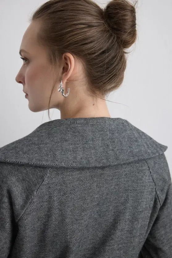 Herringbone Jacket with Drawstring Waist - Grey - 5