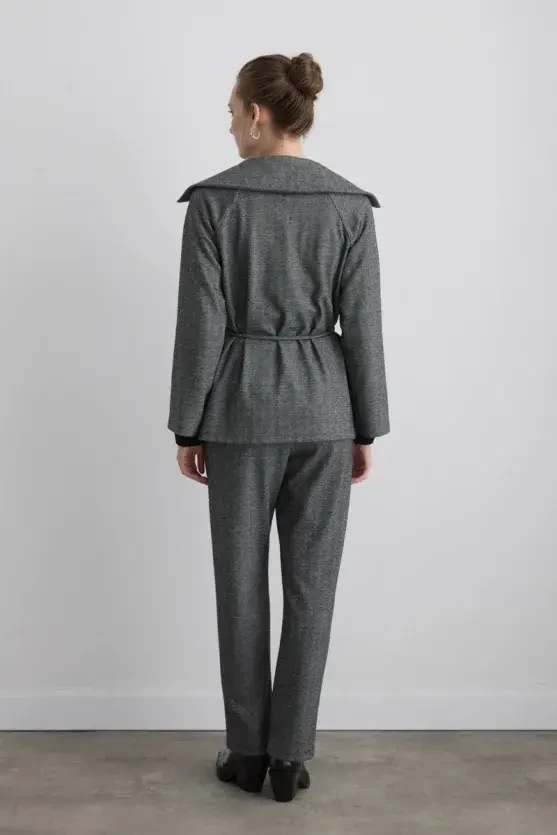 Herringbone Jacket with Drawstring Waist - Grey - Gusto