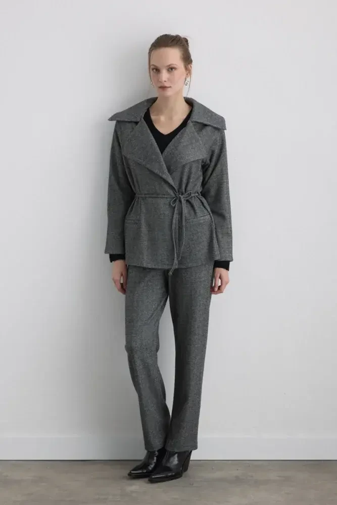 Herringbone Jacket with Drawstring Waist - Grey - Gusto