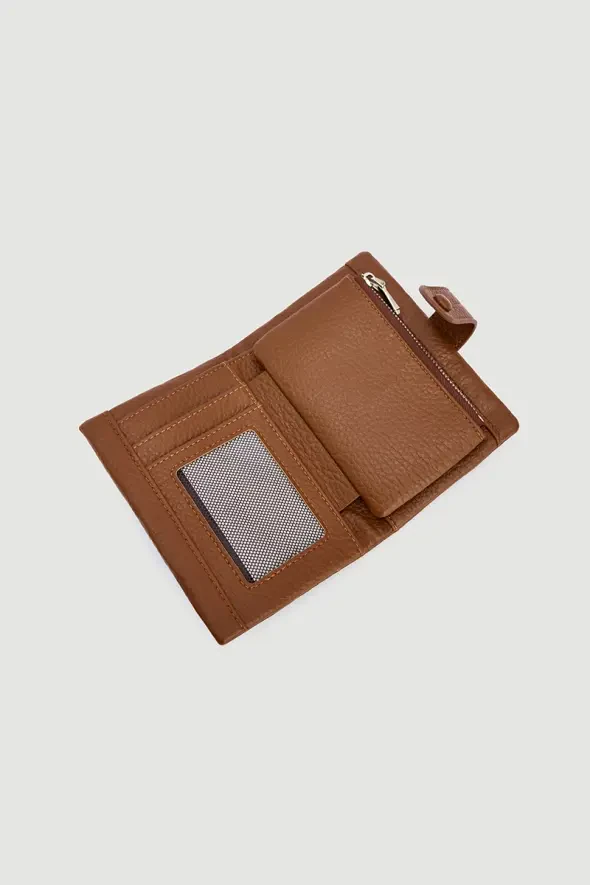Düğme Detaylı Mini Cüzdan - Taba - 3