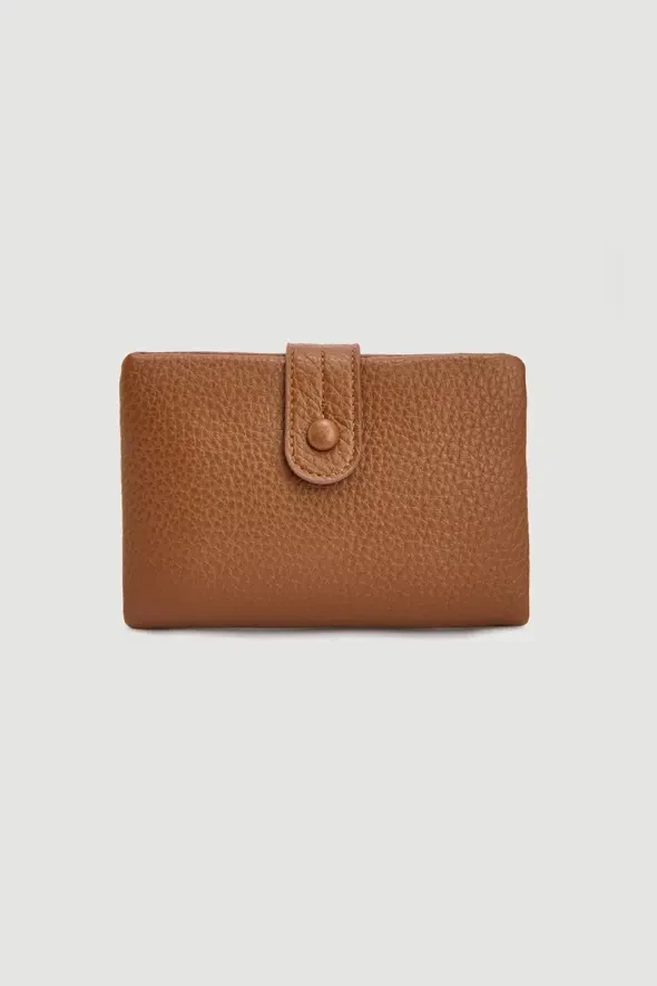 Düğme Detaylı Mini Cüzdan - Taba - 1
