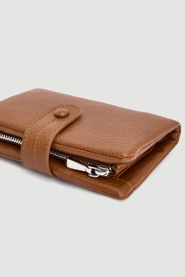 Düğme Detaylı Mini Cüzdan - Taba - 2
