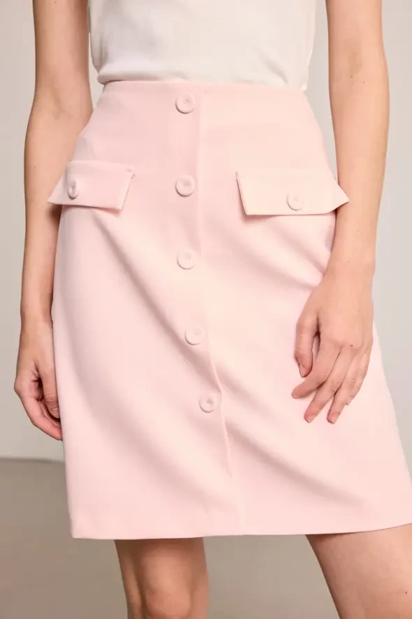 Düğmeli Mini Etek - Pembe - 1
