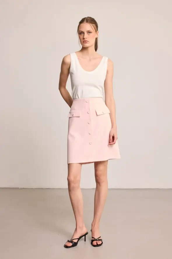 Düğmeli Mini Etek - Pembe - 2