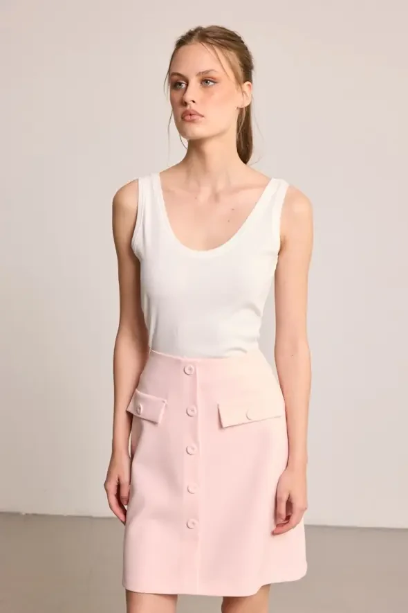 Düğmeli Mini Etek - Pembe - 3