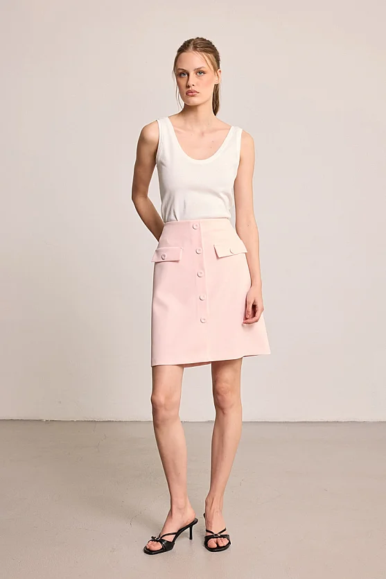 Düğmeli Mini Etek - Pembe - 1