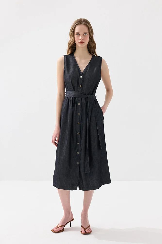 Düğmeli Tensel Denim Elbise - Lacivert Lacivert