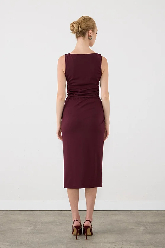 Düğüm Detaylı Lycra Midi Etek - Bordo - 11