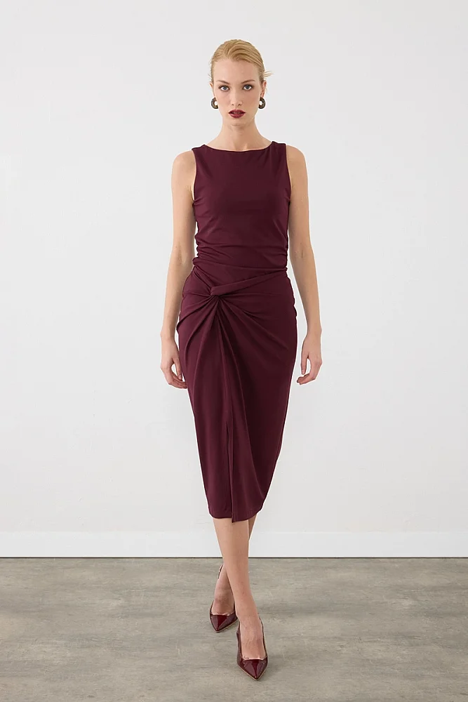 Düğüm Detaylı Lycra Midi Etek - Bordo Burgundy