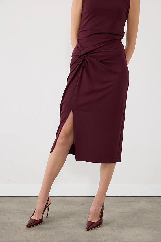 Düğüm Detaylı Lycra Midi Etek - Bordo - Gusto