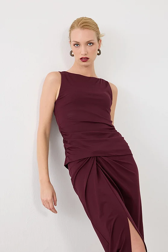 Düğüm Detaylı Lycra Midi Etek - Bordo - Gusto