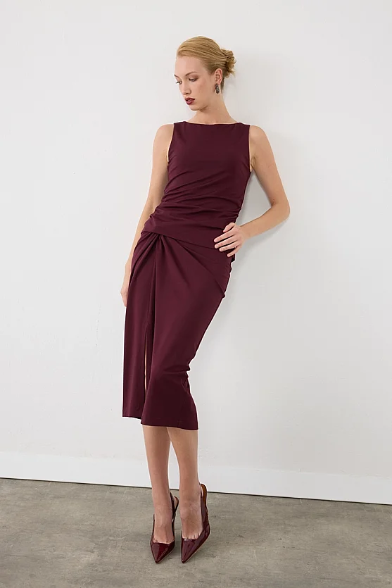 Düğüm Detaylı Lycra Midi Etek - Bordo - Gusto