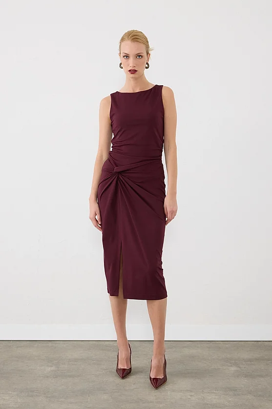 Düğüm Detaylı Lycra Midi Etek - Bordo - 7