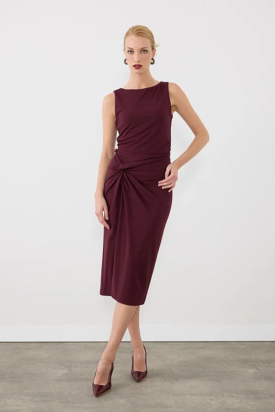 Düğüm Detaylı Lycra Midi Etek - Bordo - 9