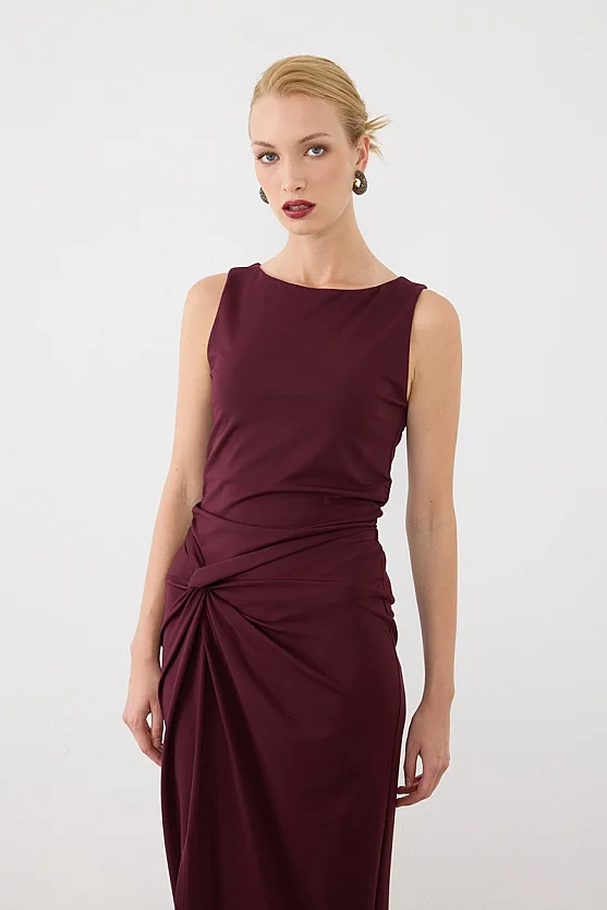 Düğüm Detaylı Lycra Midi Etek - Bordo - 10