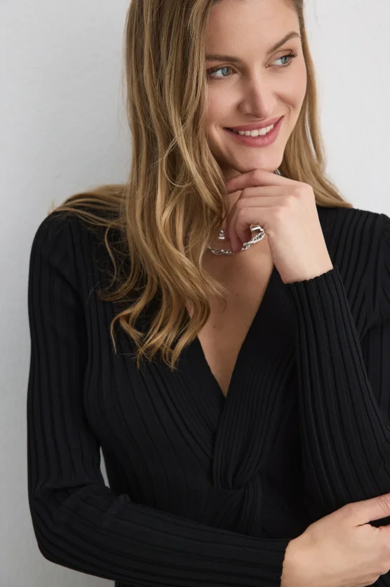 Knot Detail Viscose Knit Blouse Black - 3