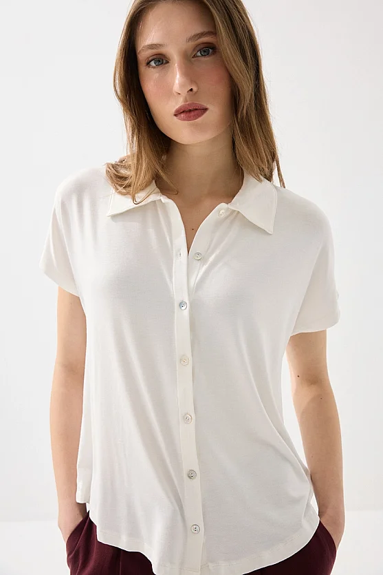Düşük Kollu Bambu Gömlek - Beyaz - 3