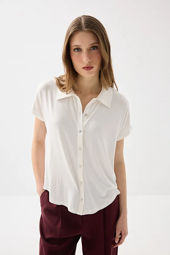 Düşük Kollu Bambu Gömlek - Beyaz - 6