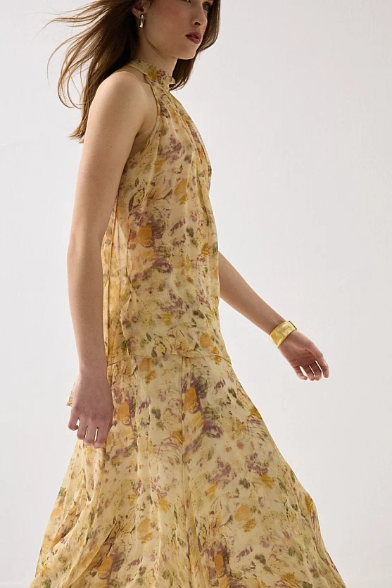 Eco Print İz Koleksiyonu Asimetrik Şifon Bluz - Bej - Gusto