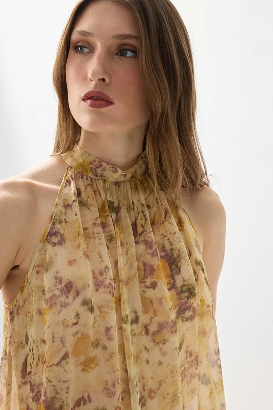 İz Koleksiyonu Eco Print Asimetrik Şifon Bluz - Bej - Gusto