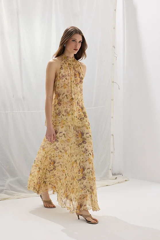 Eco Print İz Koleksiyonu Asimetrik Şifon Bluz - Bej - 2