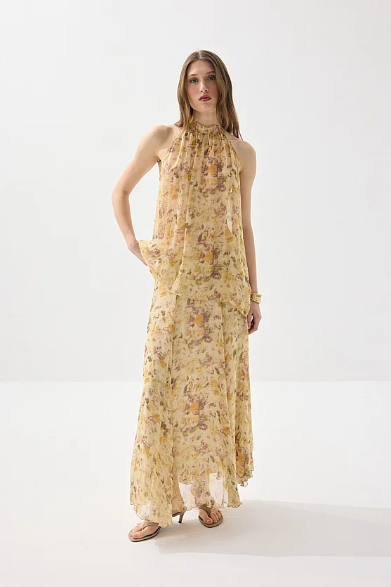 Eco Print İz Koleksiyonu Asimetrik Şifon Bluz - Bej - 4