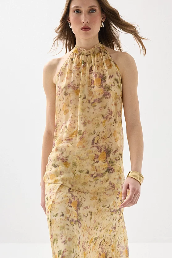 Eco Print İz Koleksiyonu Asimetrik Şifon Bluz - Bej - 3