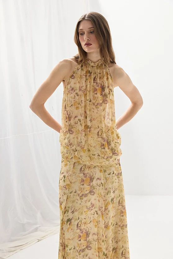 Eco Print İz Koleksiyonu Asimetrik Şifon Bluz - Bej - Gusto