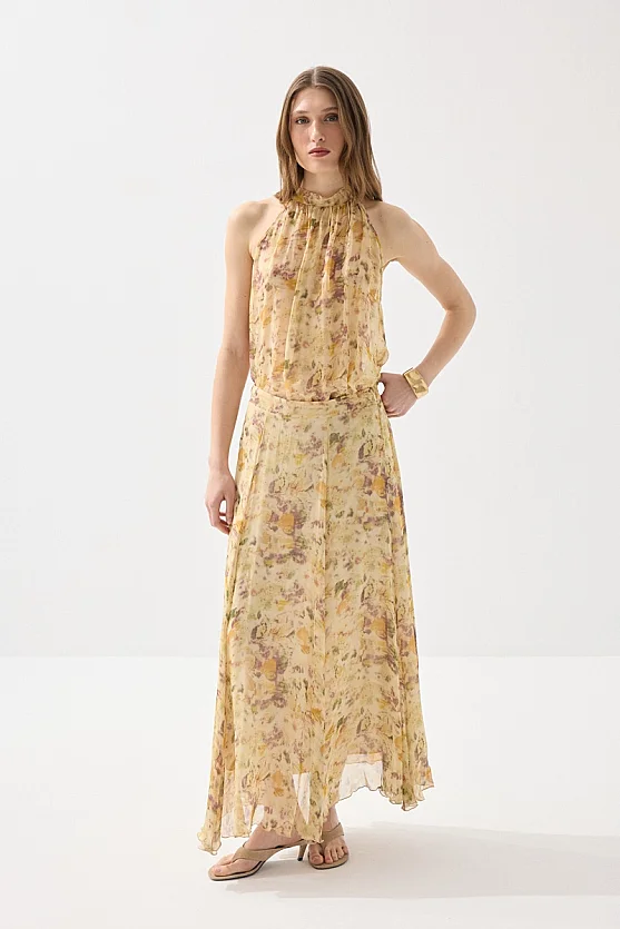 İz Koleksiyonu Eco Print Uzun Etek - Bej - 1
