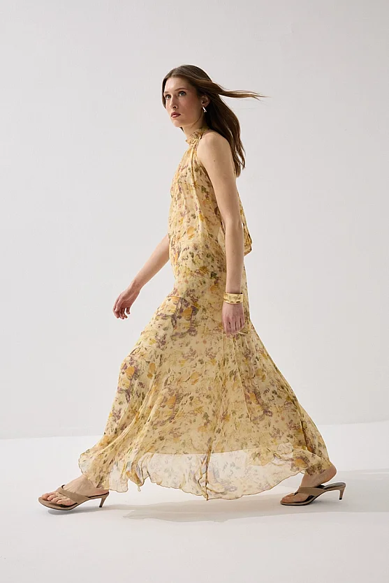 İz Koleksiyonu Eco Print Uzun Etek - Bej - 3