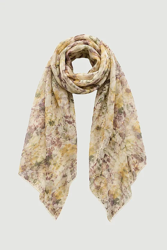 Ecoprint İz Koleksiyonu Nakışlı Şal - Bej - Gusto