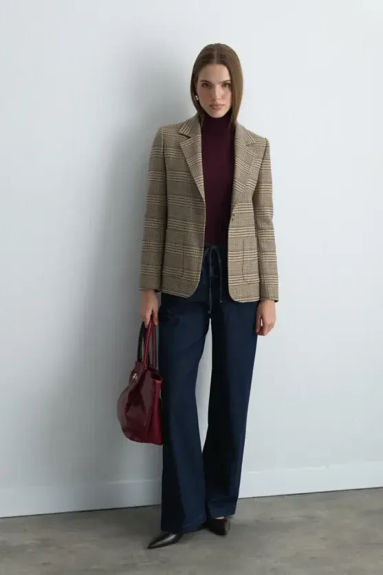 Ekose Blazer Ceket - Bej - Gusto