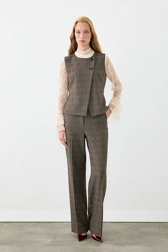 Ekose Desen Beli Kemerli Straight Fit Pantolon - Kahverengi - Gusto