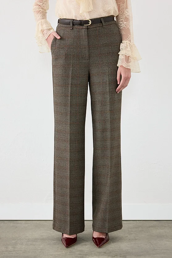 Ekose Desen Beli Kemerli Straight Fit Pantolon - Kahverengi - 2