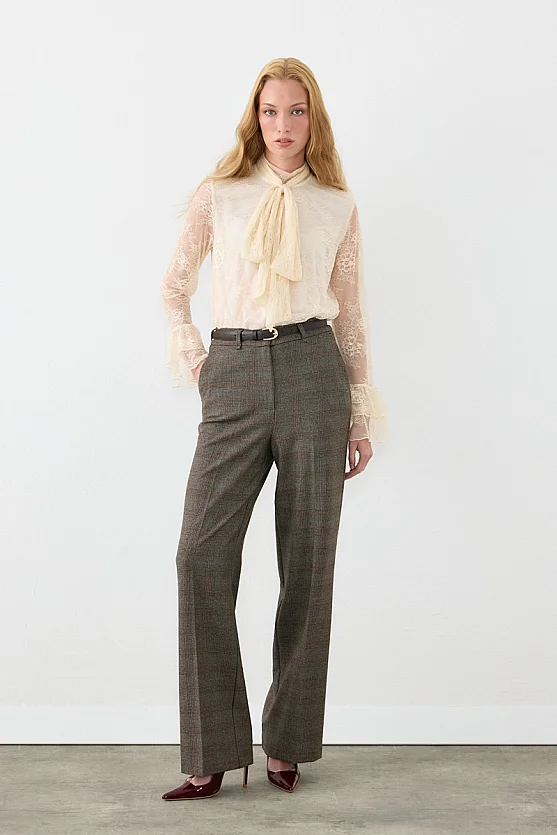 Ekose Desen Beli Kemerli Straight Fit Pantolon - Kahverengi - Gusto