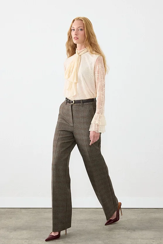 Ekose Desen Beli Kemerli Straight Fit Pantolon - Kahverengi - 4