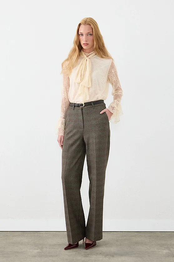 Ekose Desen Beli Kemerli Straight Fit Pantolon - Kahverengi - Gusto