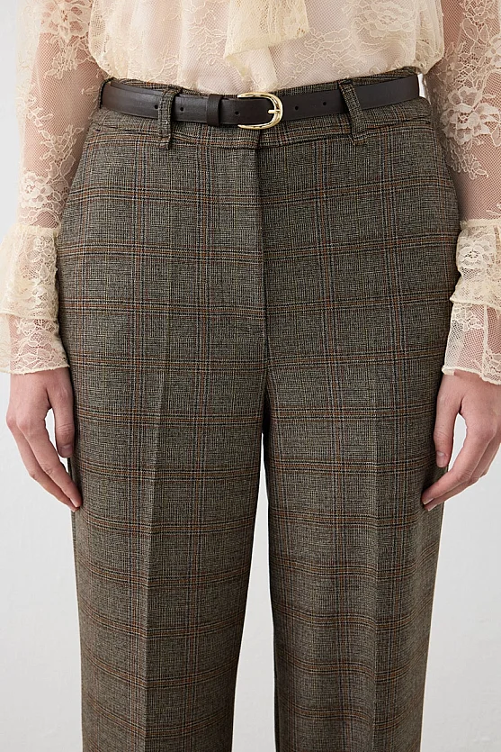 Ekose Desen Beli Kemerli Straight Fit Pantolon - Kahverengi - Gusto