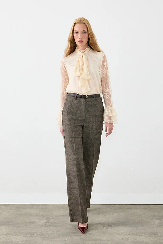 Ekose Desen Beli Kemerli Straight Fit Pantolon - Kahverengi - 6