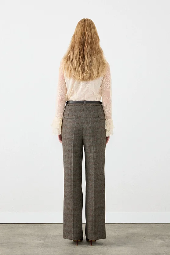 Ekose Desen Beli Kemerli Straight Fit Pantolon - Kahverengi - 8