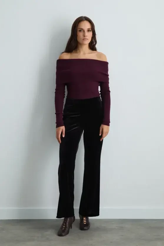 Elastic-Waist Wide-Leg Velvet Pants - Plum - 8
