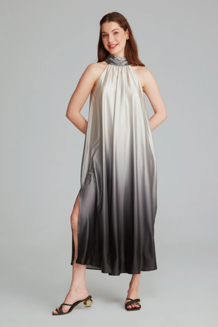 Batik Desenli Uzun Saten Elbise - Gri Gri