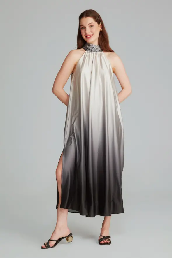 Batik Desenli Uzun Saten Elbise - Gri - 1