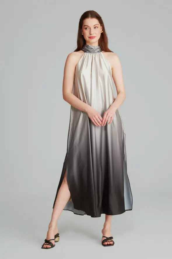 Batik Desenli Uzun Saten Elbise - Gri - 4