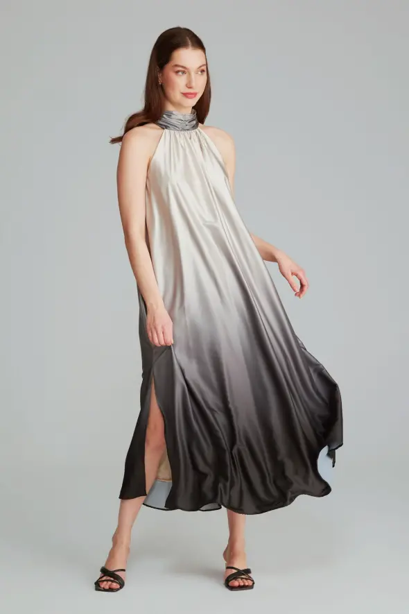 Batik Desenli Uzun Saten Elbise - Gri - 2