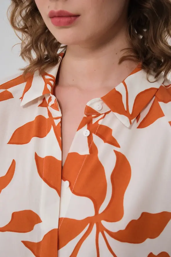 Önü Düğmeli Gömlek Elbise - Kiremit - 4